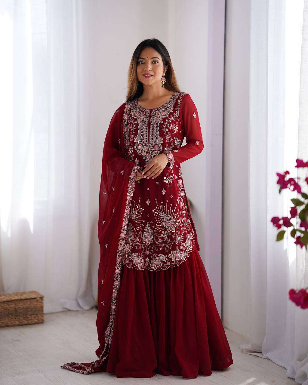Women's Faux Georgette Sequins & Thread Work Straight Kurta With Sharara Suit and Dupatta Set - Image 6
